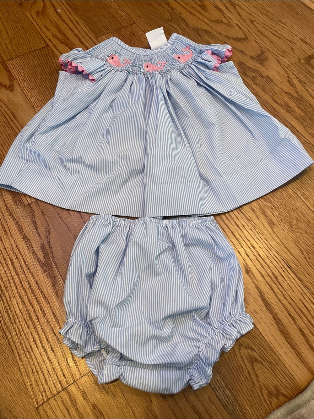 Blue Pinstripe Baby Dress & Bloomers Set with Pink Fish Smocking